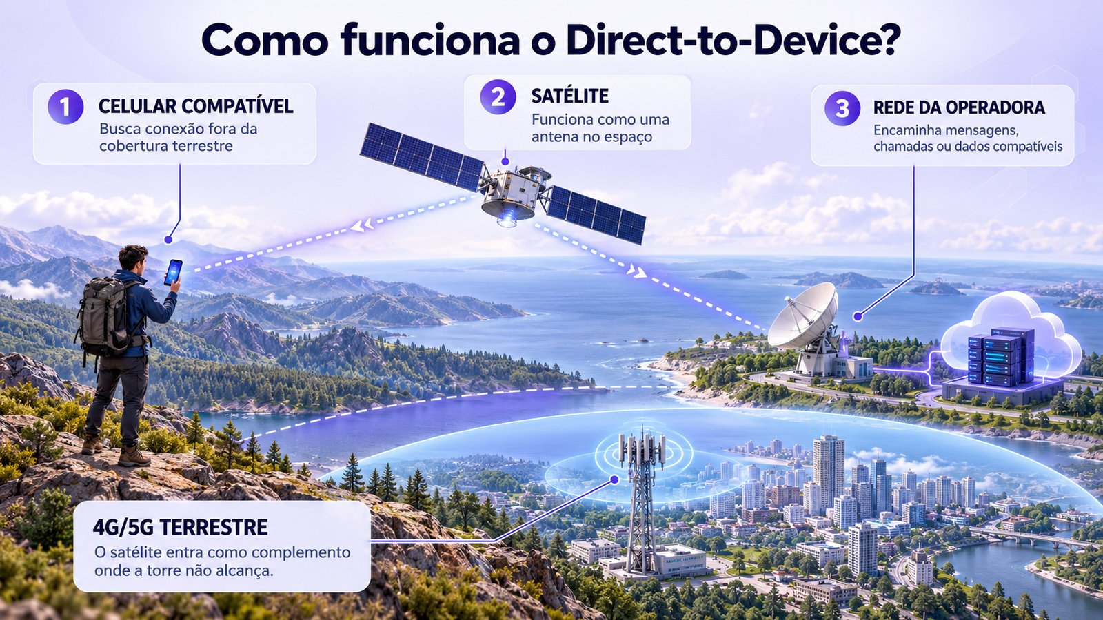 Ilustração de celular conectado diretamente a um satélite