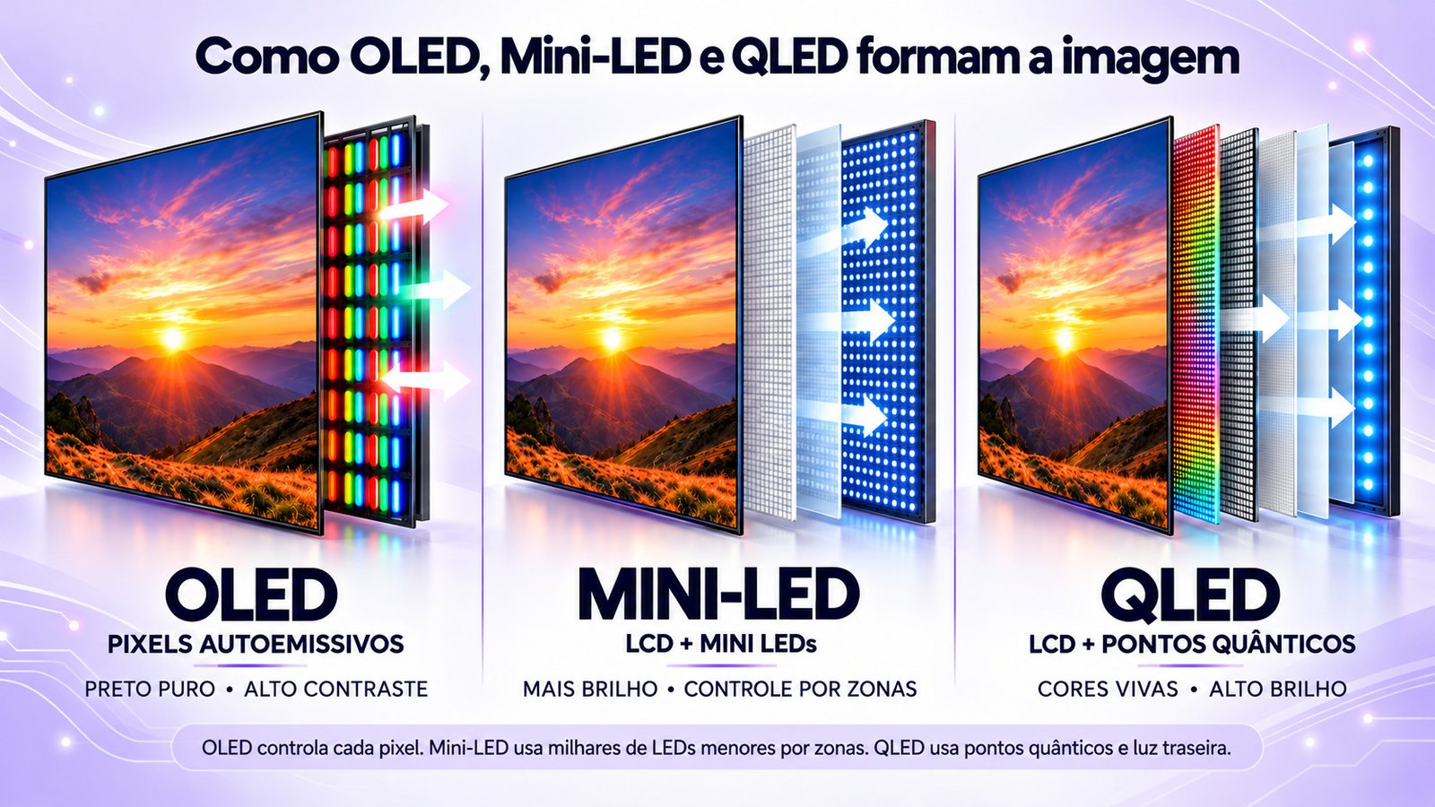 Comparação visual mostrando como OLED, Mini-LED e QLED formam a imagem
