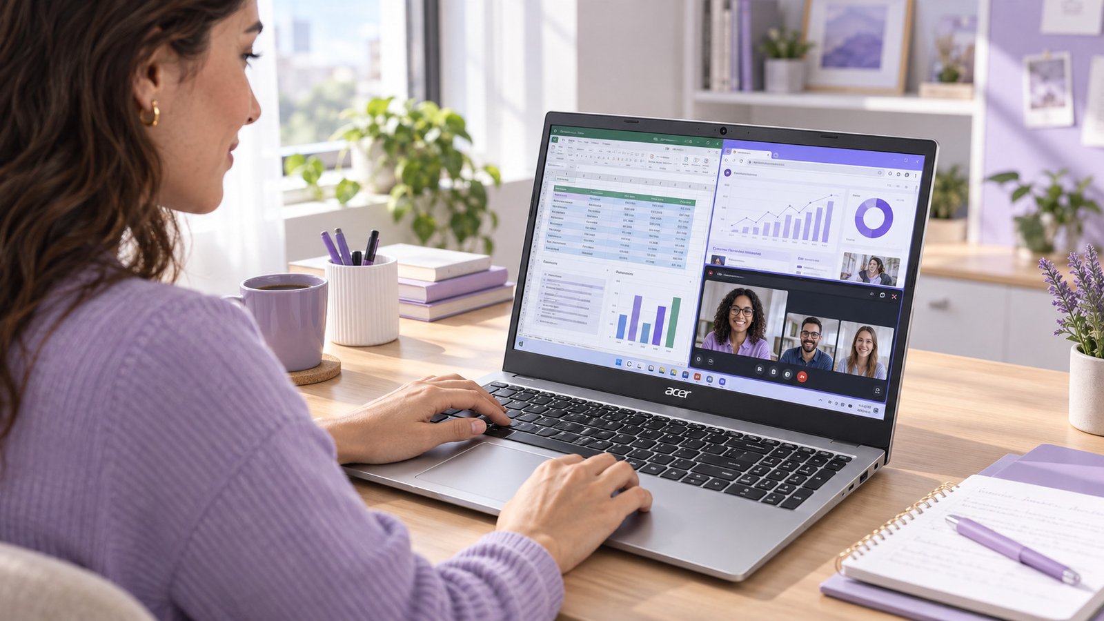 Acer Aspire Go 15 sendo usado com planilhas e navegador