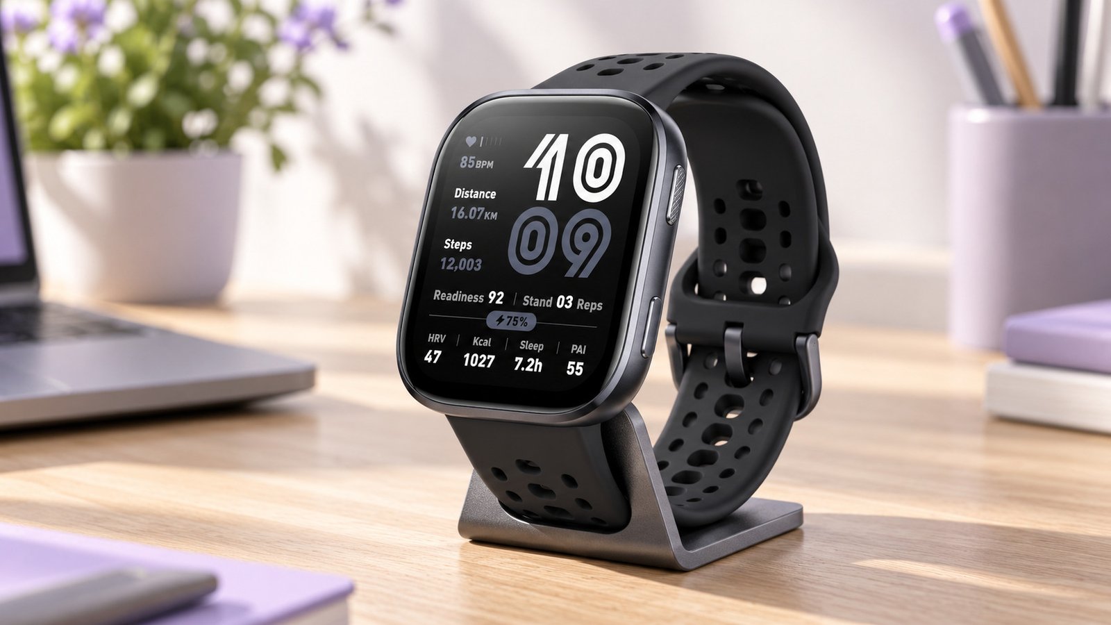 Amazfit Bip 6 exibindo sua tela AMOLED