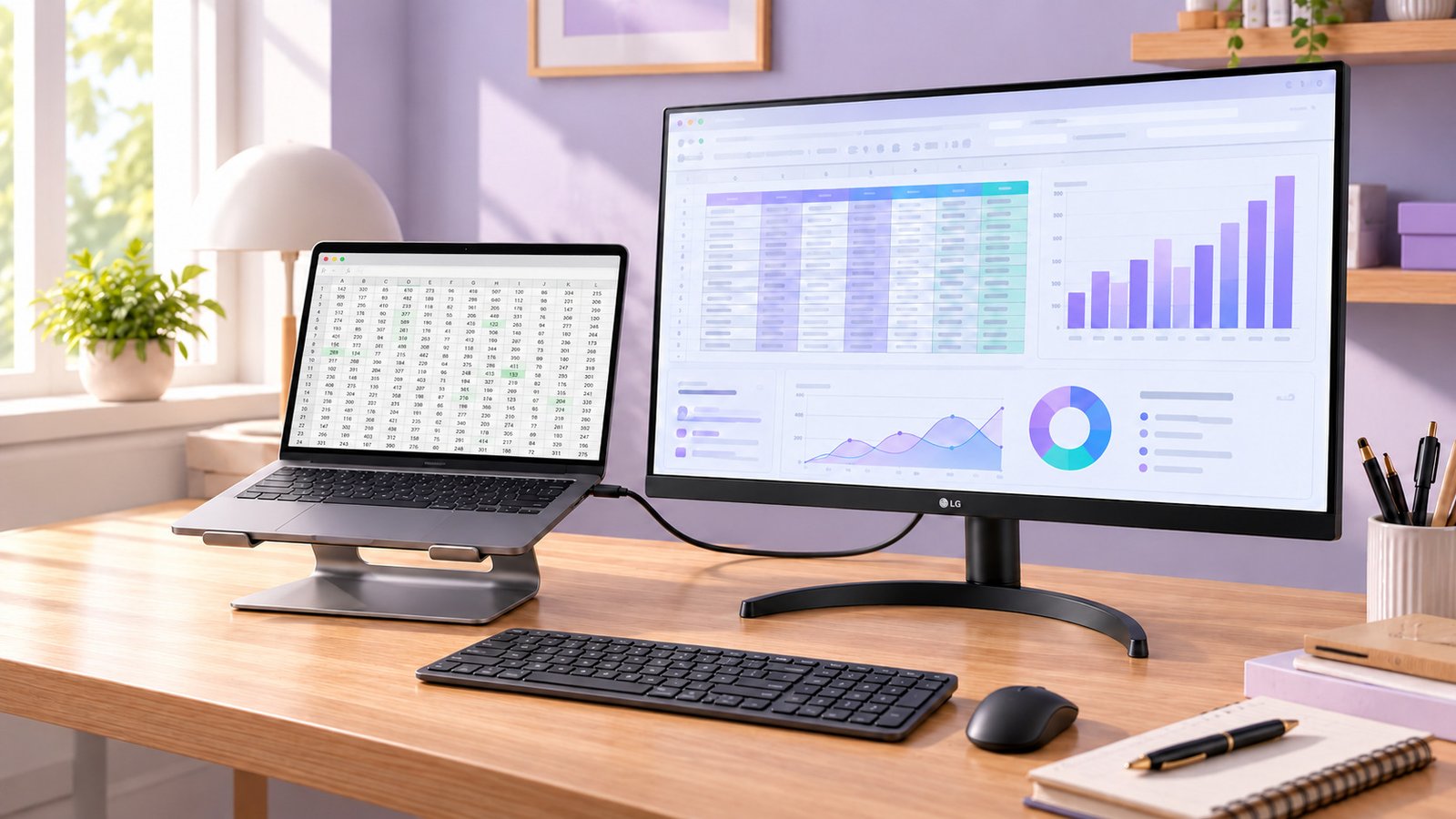 LG 27MS500-B em ambiente de trabalho com notebook e acessórios de escritório