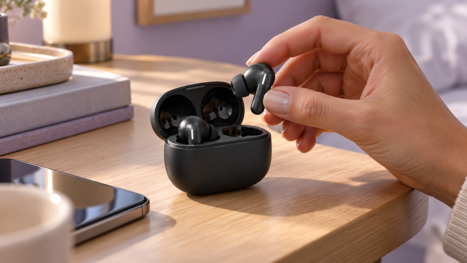 Redmi Buds 6 Lite com seus fones e estojo de carregamento
