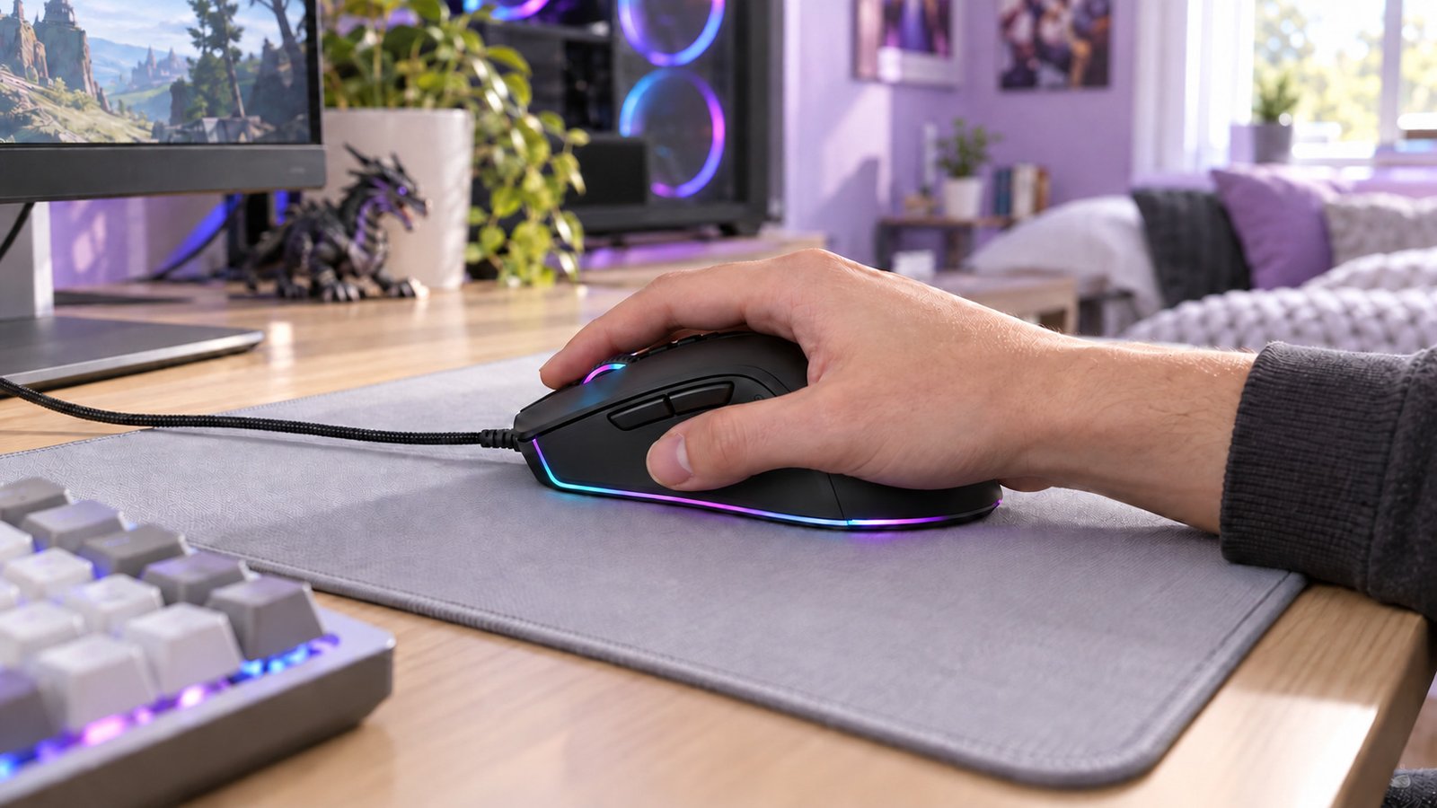 Redragon Cobra M711 preto mostrando o formato ergonômico e a iluminação RGB
